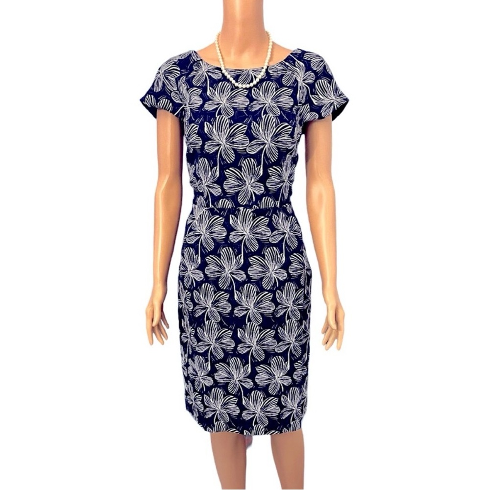 J. Crew Navy and White Floral Printed Basketweave Midi Sheath Dress Size 4